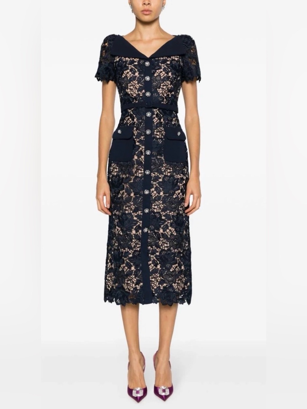 Self-Portrait Navy Blue Lace Open Neck Midi Dress with Nude Lining NWT